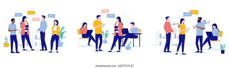 Office talk vector collection - Set of illustration of people communicating and having discussion at work. Flat design with white background