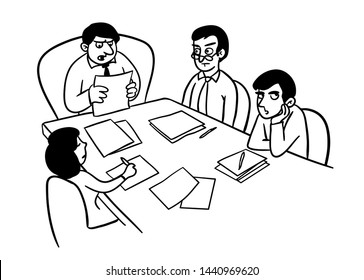 Office Team Boring Meeting Caricature Drawing. Cartoon Illustrating A Group Of People Different Genders Sitting At The Table Listening How  Their Boss Speaking. Vector Presentation Doodle.