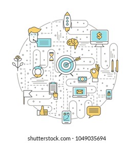Office team circle vector illustration. Modern thin line flat style design element with business symbols for website banners and printed materials.