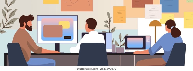 Office Team Zusammenarbeit Arbeitsbereich drei Personen arbeiten an Computern moderne Büroeinrichtung Pflanzen Wanddekoration