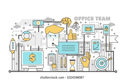 Office team concept vector illustration. Modern thin line flat design element with business teamwork symbols for website banners and printed materials.