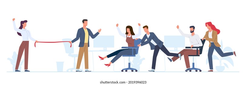 Office Team Game. People Chair Riding, Men And Women Actively Playing, Team Building Event, Business Characters Having Fun. Competition For Employee. Vector Cartoon Flat Isolated Concept