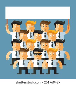 Office team holding a blank sign. flat vector illustration.