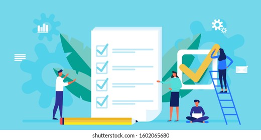 Office team manager, boss fill out form for web banner, infographic, website. Concept done job, checklist, clipboard with long paper document to do list with checkboxes. time management, task, success