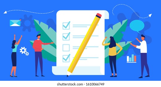Office team manager, boss fill out form for web banner, infographic, website. Concept done job, checklist, clipboard with long paper document to do list with checkboxes. time management, task, success