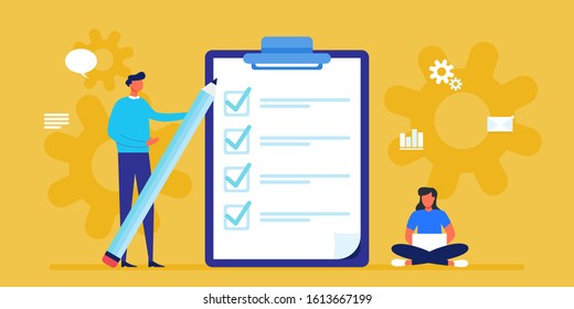 Office Team Manager, Boss Fill Out Form For Web Banner, Infographic, Website. Concept Done Job, Checklist, Clipboard With Long Paper Document To Do List With Checkboxes. Time Management, Task, Success