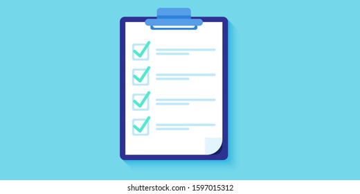 Office team manager, fill out form for web banner, infographic, website. Concept done job, checklist, clipboard with long paper document to do list with checkboxes. time management, task, success