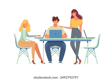 Reunión de Equipo de Office. Ilustración vectorial de tres colegas que colaboran en una mesa de trabajo, participando en la discusión y el trabajo en equipo.