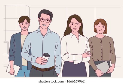 Office team members look forward and look confident. hand drawn style vector design illustrations. 