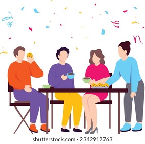 Office team members are sitting at cafe and busy in gossips concept vector icon design, Awards and incentives symbol, Employee benefits and engagement sign, Recognition and Appreciation scene stock