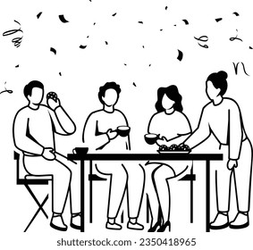 Office team members are sitting at cafe and busy in gossips concept vector icon design, Awards and incentives symbol, Employee benefits and engagement sign, Recognition and Appreciation scene stock