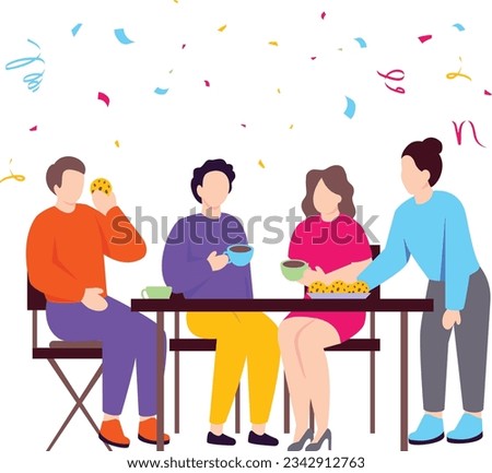 Office team members are sitting at cafe and busy in gossips concept vector icon design, Awards and incentives symbol, Employee benefits and engagement sign, Recognition and Appreciation scene stock