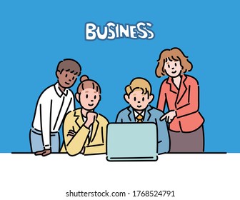 Office team members are working together. hand drawn style vector design illustrations. 
