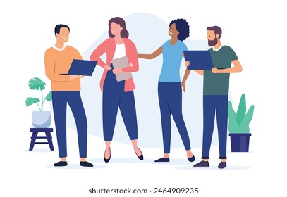 Office team of people - Teamwork between group of four casual smiling businesspeople working in IT holding laptop computers and being friends. Flat design vector illustration with white background