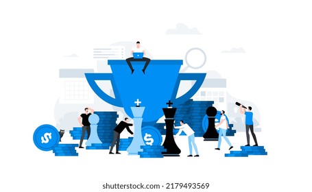 Office team playing chess game together. Conceptual illustration. Winner strategy. Animation ready duik friendly vector illustration.