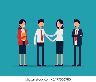 Office team Shaking hans or success agreement. Vector illustration business office concept, Familiarize, Introduce, Happy flat cartoon character design.
