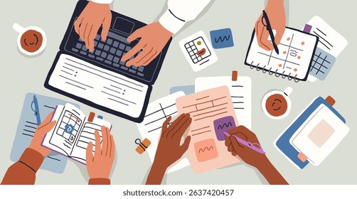 Office team at table, top view. Business hands at corporate desk at meeting, planning work with laptop, notebook, calendar and coffee, writing notes. Teamwork concept. Flat vector illustration