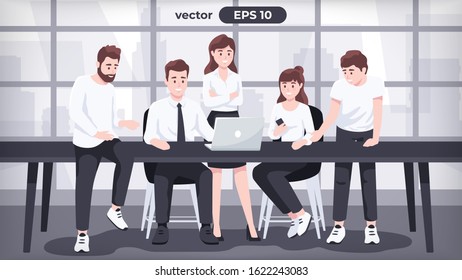 Office team. Teamwork. Businessman set. Man in the workplace interior. Worker in suit by the table. Cartoon people in different poses. Cute characters. Simple design. Flat style vector illustration.