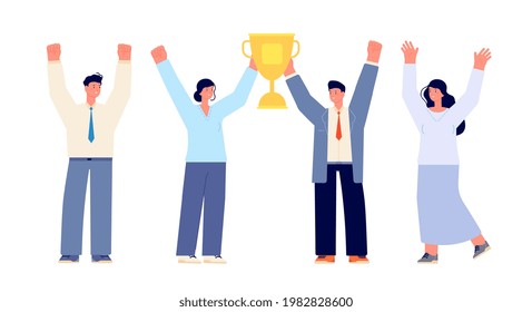 Office team winner. Young business winners, happy woman hold trophy. Person hands up, isolated businessmen group cartoon utter vector characters