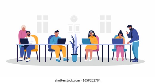Office team work business flat web vector illustration. Staff working at table with laptop and headsets. Effecient modern business company with professionals. Office people collection.