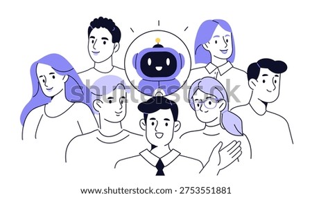 Office team working together with intelligent ai agent. AI powered teamwork concept. Vector illustration.