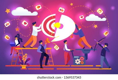 Office Team Working Together Set Up Target Puzzle with Light Bulb, Creative Idea of Business Success. Girl Work at Laptop, Man Archer Shoot in Aim, Guy with Megaphone Cartoon Flat Vector Illustration.