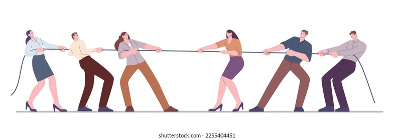 Office teams pulling rope. Competing business groups, people social conflicts. Corporate competition, person in suit pull tug kicky vector concept