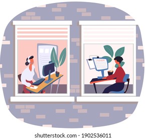 Office teamwork business people working together, communicating colleagues. Businesswomen talking sitting at table with laptop in room view through windows in building. Neighbors persons work at home
