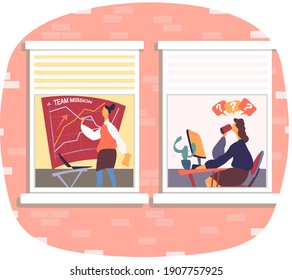Office teamwork business people working together, communicating colleagues. Persons talking sitting at table with laptop and blackboard in room view through windows in building. Neighbors work at home