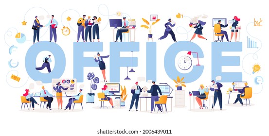 Office, teamwork, business vector illustration in flat cartoon style. Characters, working at computers, meetings, signing discussing contracts. Communication between supervisors and subordinates.