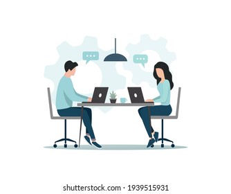 Office teamwork concept. Colored flat vector illustration. People work together. Isolated on white background.