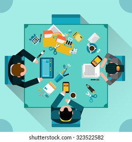 Office teamwork concept with top view people sitting at the table flat vector illustration