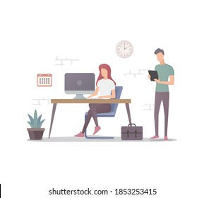 Office teamwork. Flat vector illustration. People work together. Isolated on white background.