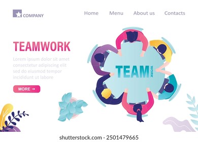 Office teamwork, landing page template. Business team holding hands forming circle, top view. Creative managers sitting at desk. Employees cooperation. Business people negotiation. Teamwork discussion