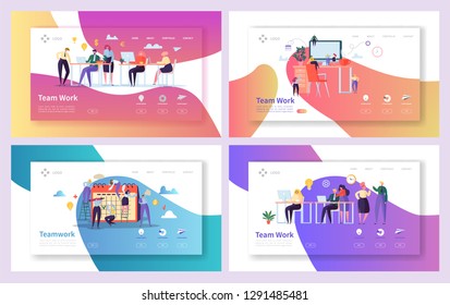 Office Teamwork Meeting Landing Page Set. Business People Work Together at Professional Workplace. Freelancer Character Group Communication Concept for Web Page. Flat Cartoon Vector Illustration