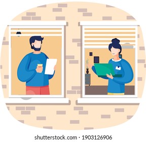 Office teamwork woman and man working together, communicating colleagues landing page template. People talking standing with laptop and paper document in room view through windows in building