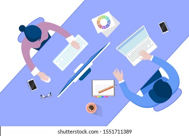 Office teamwork workers business management meeting and brainstorming on table in top view flat design cartoon style