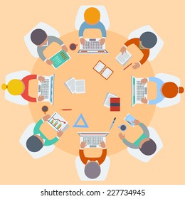 Office teamwork workers business management meeting and brainstorming on round table in top view flat design cartoon style