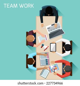 Office Teamwork Workers Business Management Meeting And Brainstorming On Square Table In Top View Flat Design Cartoon Style