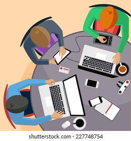 Office teamwork workers business management meeting and brainstorming on round table in top view flat design cartoon style