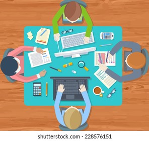 Office teamwork workers business management meeting and brainstorming on square table in top view flat design cartoon style
