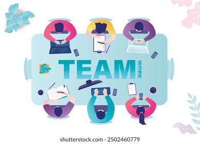 Office teamwork workers business management meeting and brainstorming at table, top view. Managers sitting at desk. Employees cooperation. Business people negotiation. Teamwork discussion. flat vector