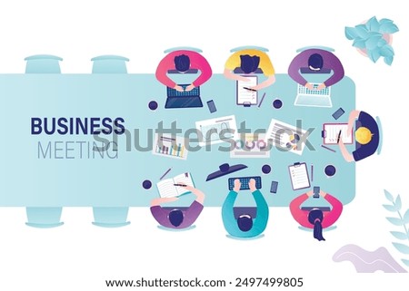 Office teamwork workers business management meeting and brainstorming at desk, top view. Managers sitting at table. Employees cooperation. Business people negotiation. Teamwork discussion. flat vector
