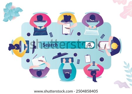 Office teamwork workers business management meeting and brainstorming at desk, top view. Employees cooperation. Search bar, pitching ideas. Business people negotiations. Teamwork discussion. vector
