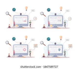 Office teamwork. Workplace set. Flat vector illustration. Computer and work tasks. Isolated on white background.