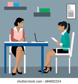 Office teamwork. Young creative business women discussing ideas in office. Business meeting around table concept illustration vector.
