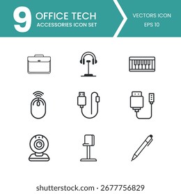 Accesorios de tecnología de oficina y conjunto de iconos para las necesidades comerciales