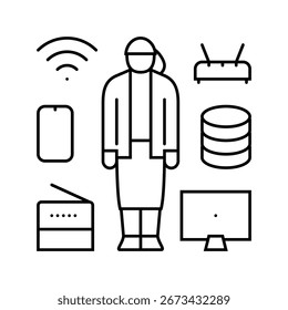 Vector de icono de línea de asistente de oficina de tecnología de oficina Signo de asistente de oficina. Contorno aislado Ilustración negra