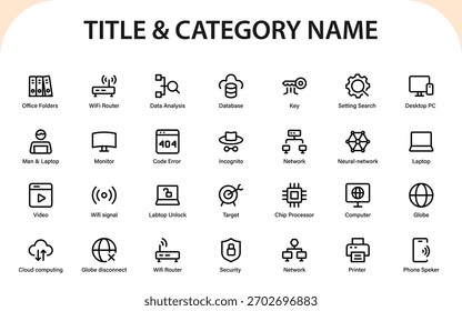 Office technology support device icons. data management, cybersecurity, cloud systems, and device connectivity