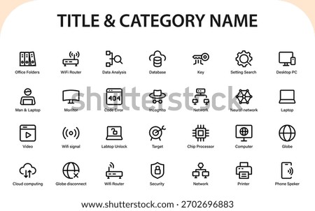 Office technology support device icons. data management, cybersecurity, cloud systems, and device connectivity